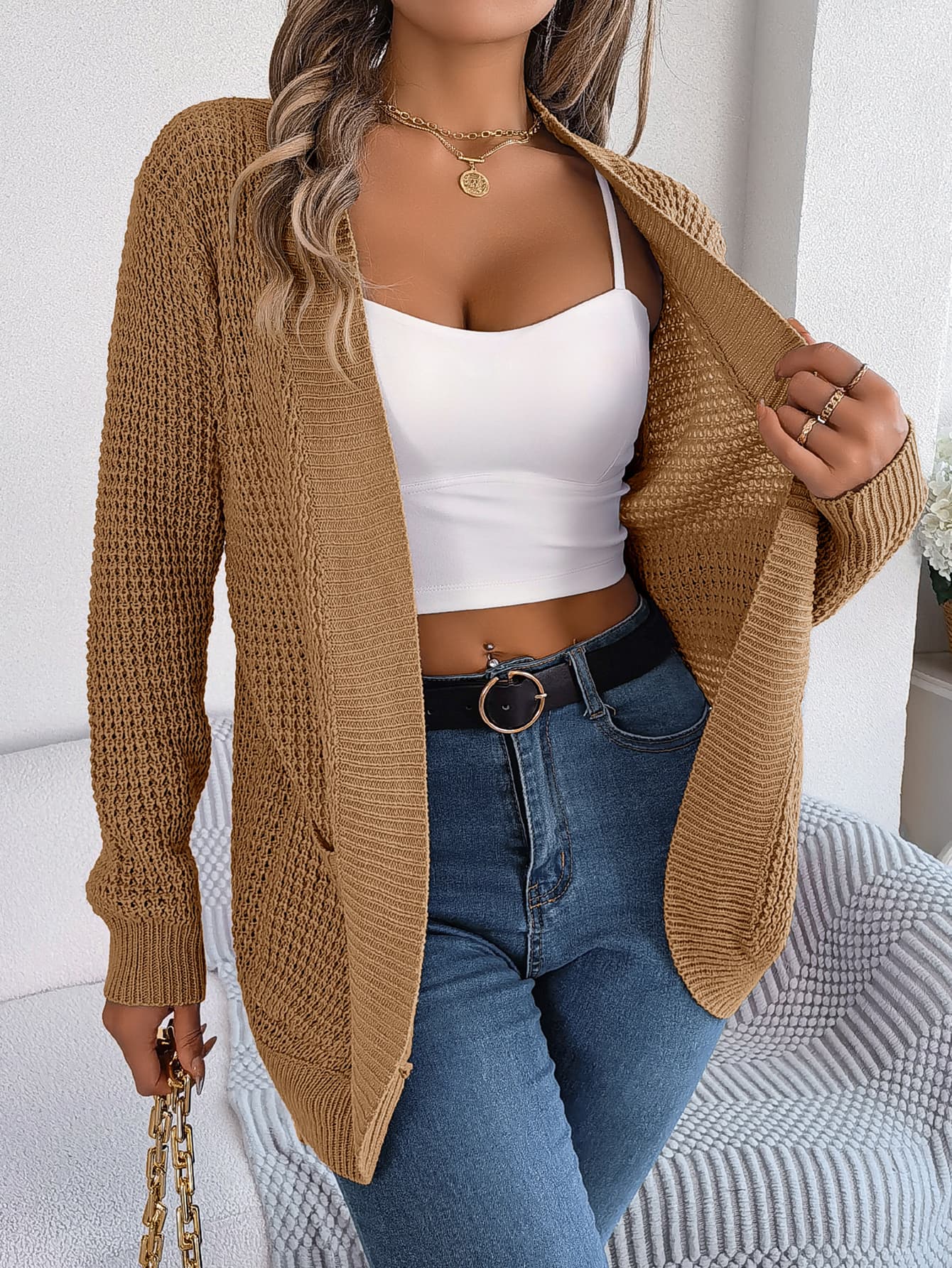 Cardigan casual para mujer con bolsillos y mangas largas