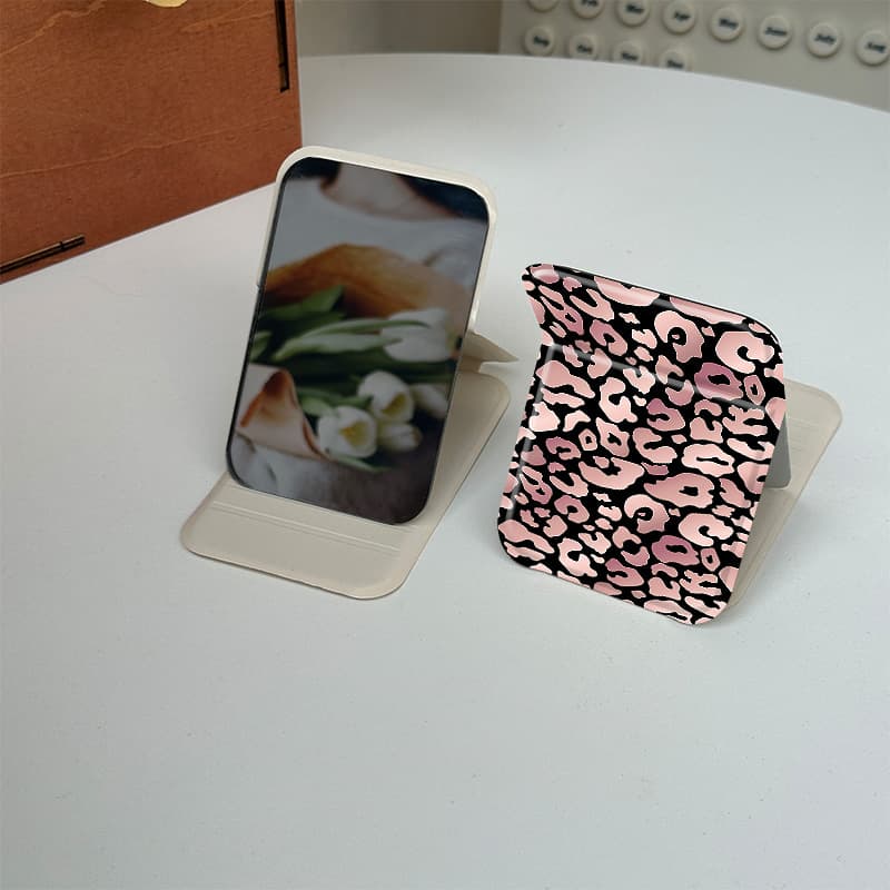 Espejo compacto plegable estampado leopardo, espejo de maquillaje portátil