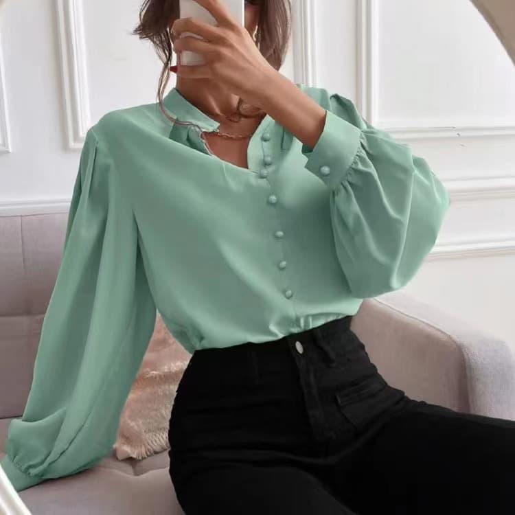 Camisa mujer cuello redondo manga larga color sólido