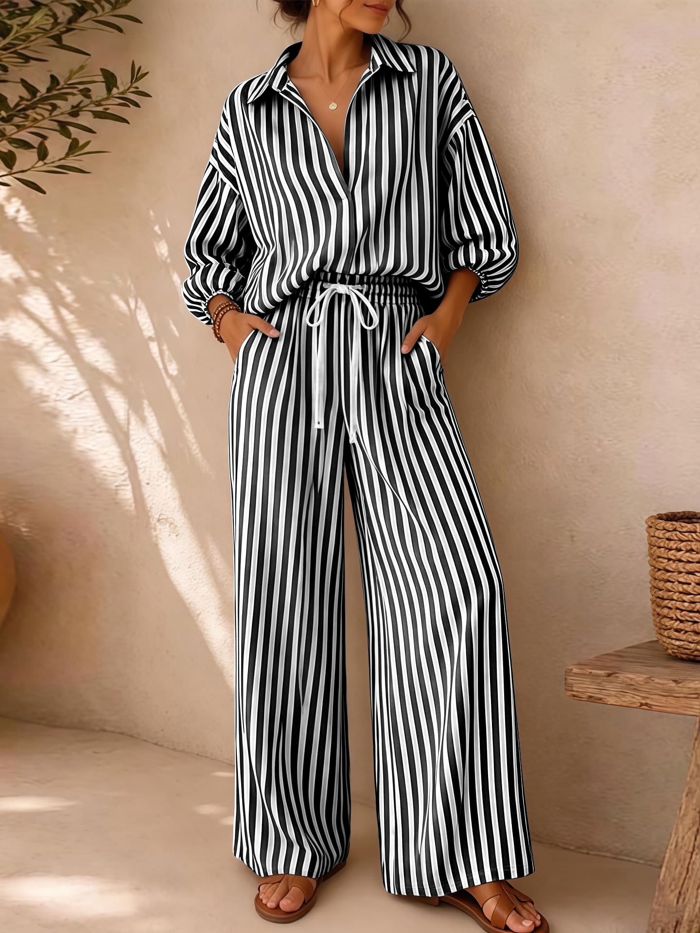 Conjunto rayado con blusa y pantalón recto, manga tres cuartos