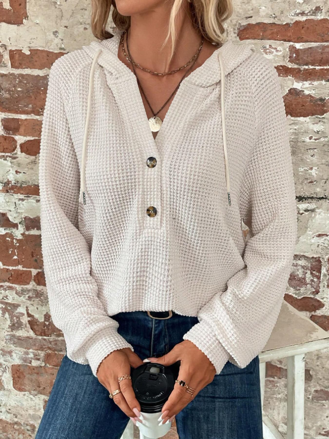 Sudadera con capucha y botones suelta para mujer