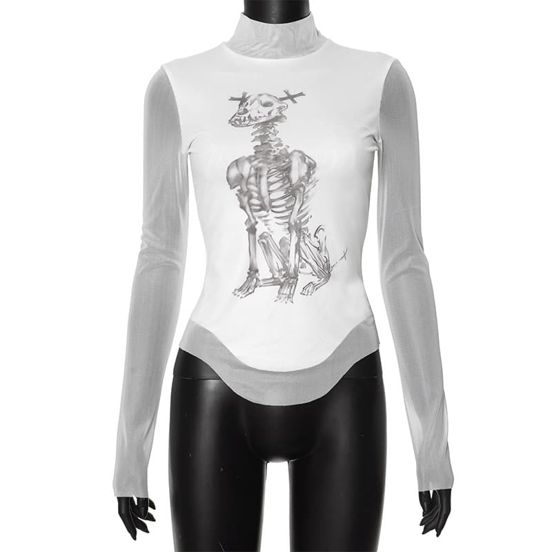 Camiseta manga larga de calavera con malla, estilo hipster moderno