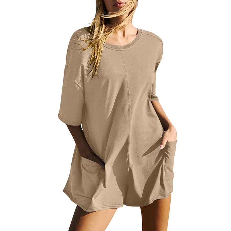 Jumpsuit casual holgado de manga corta con bolsillos
