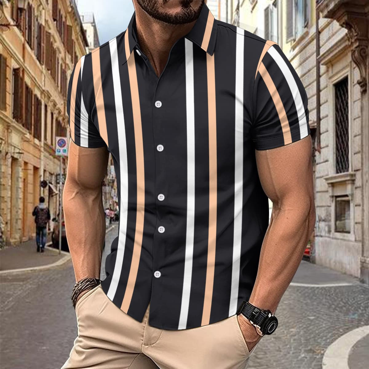 Camisa casual rayada con botones para hombre