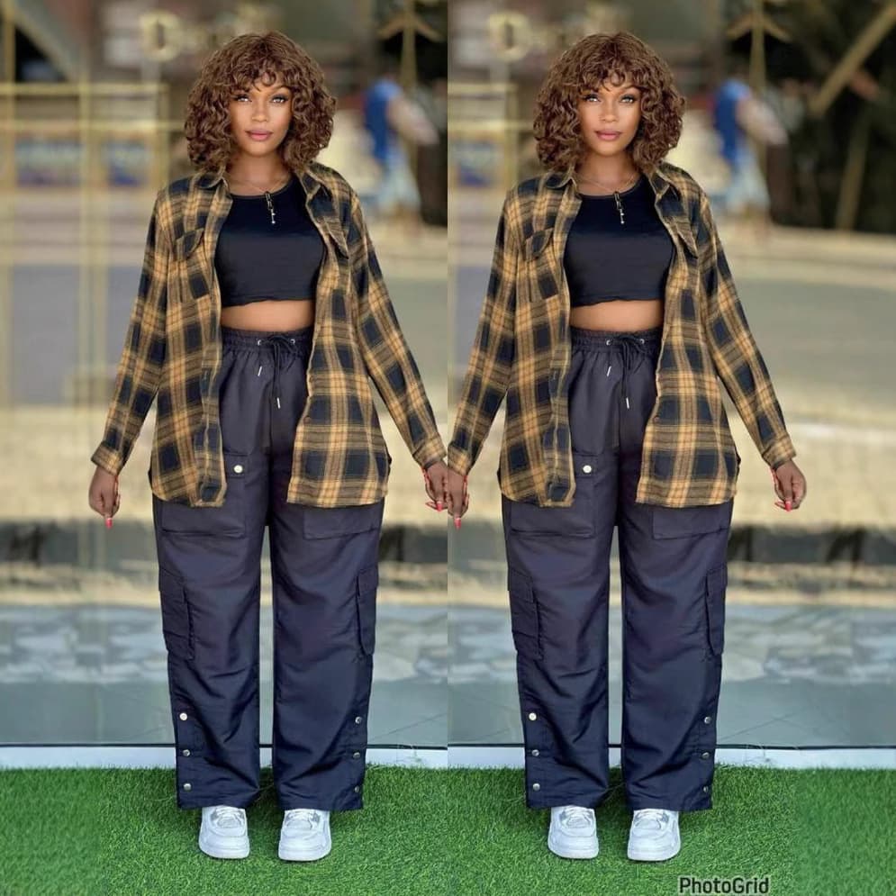 Conjunto de tres piezas con camisa cuadrille y pantalones cargo