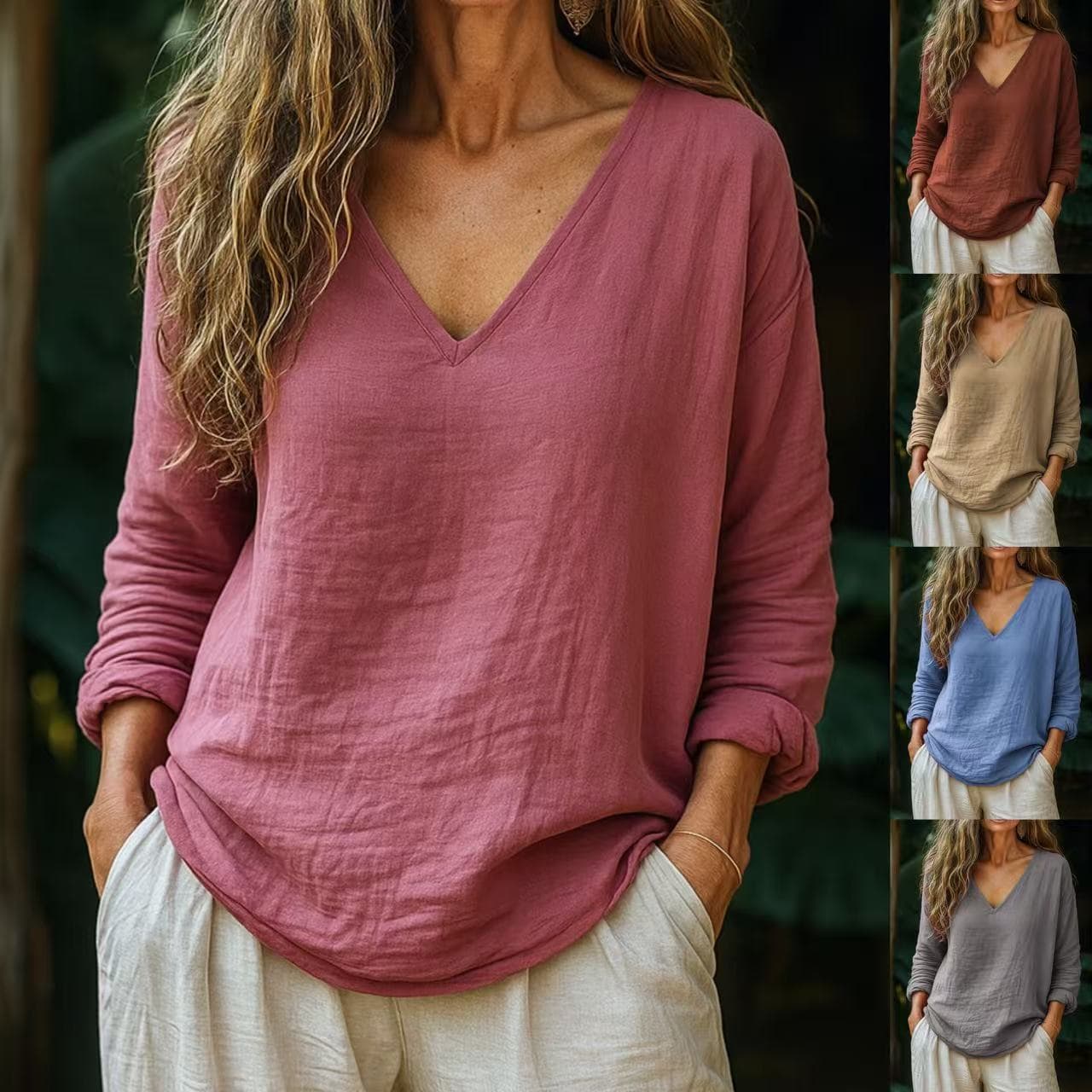 Blusa holgada de algodón y lino con mangas largas
