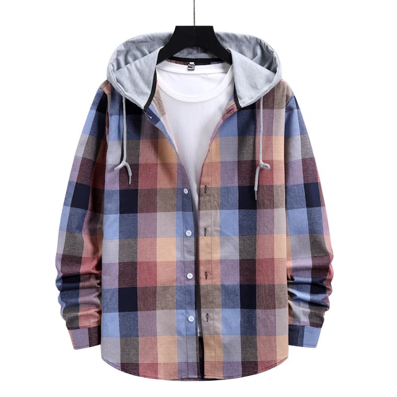 Camisa casual a cuadros con capucha para hombre