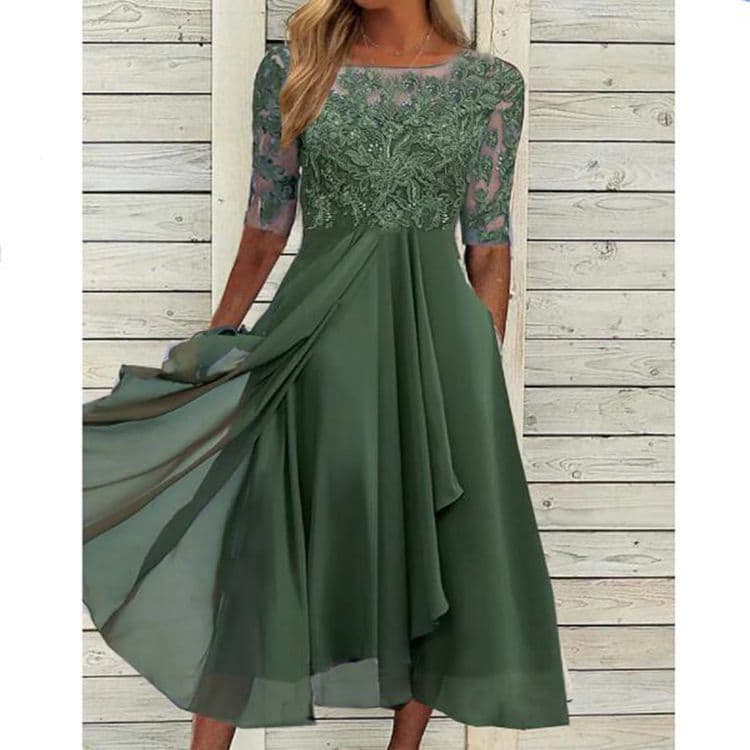 Vestido gasa con encaje hueco, cintura alta y corte asimétrico