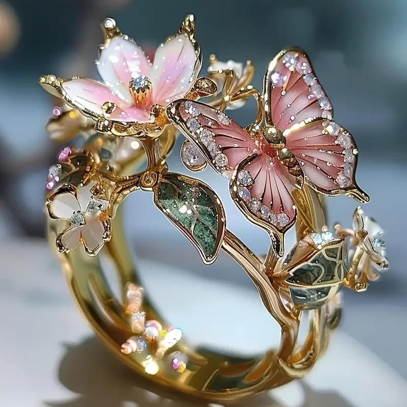 Anillo mariposa con flores y gemas brillantes
