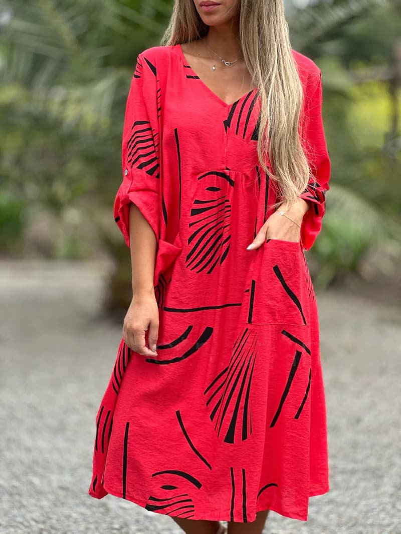 Vestido largo casual con cuello en V y estampado a mano