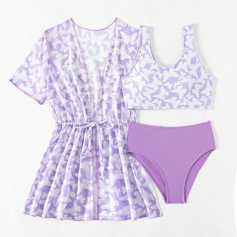 Traje de baño de tres piezas con estampado para niña
