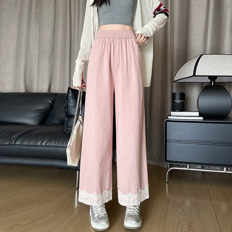 Pantalones anchos de algodón lavado con encaje