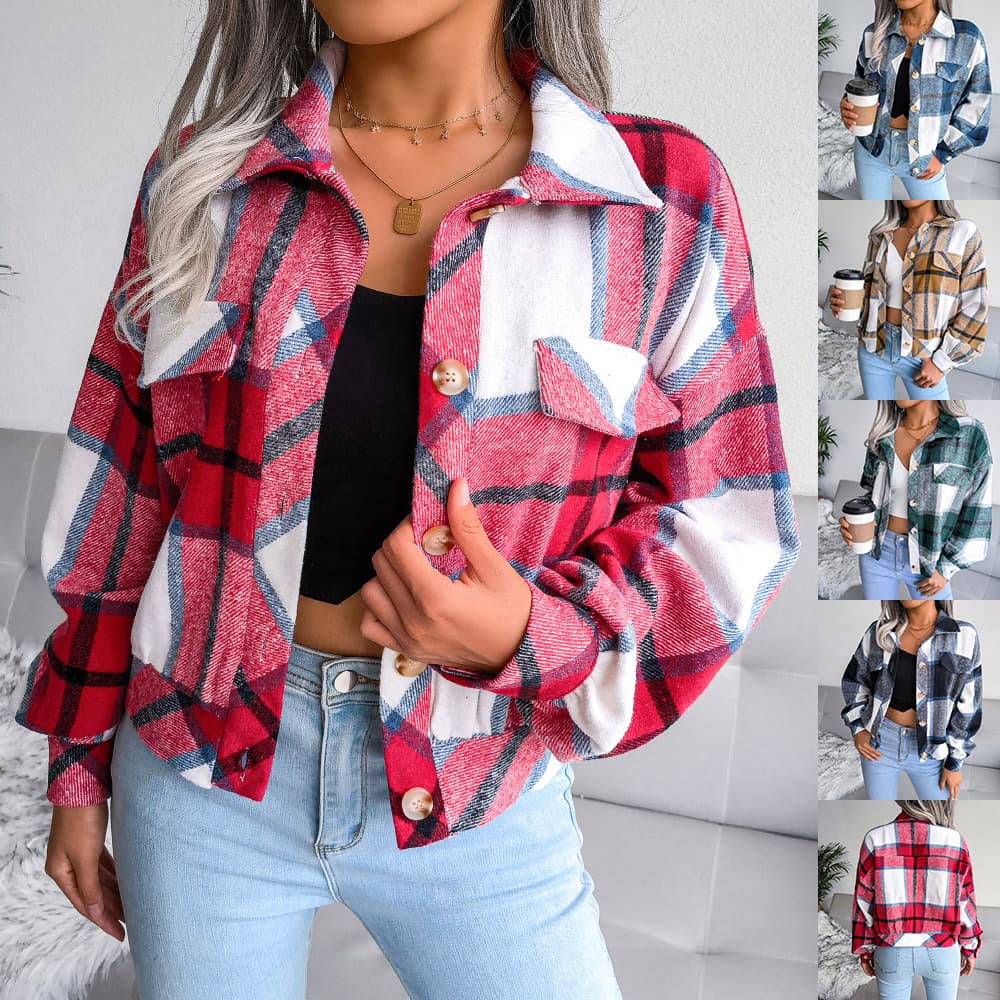 Chamarra cropped a cuadros para mujeres