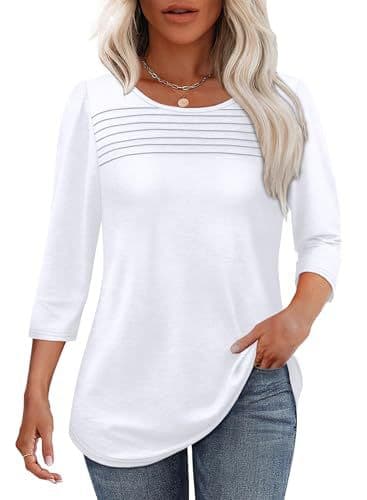 Blusa con pliegue en el pecho y cuello redondo manga tres cuartos