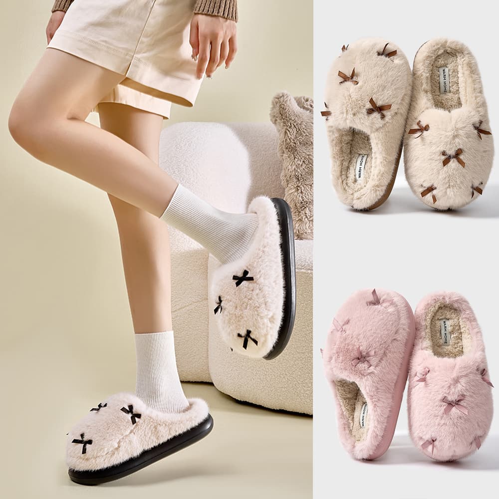 Pantuflas de algodón con moño para mujer, cálidas y cómodas