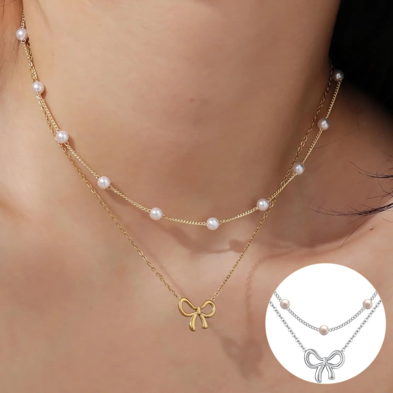 Collar choker de perlas dobles con baño oro y moño