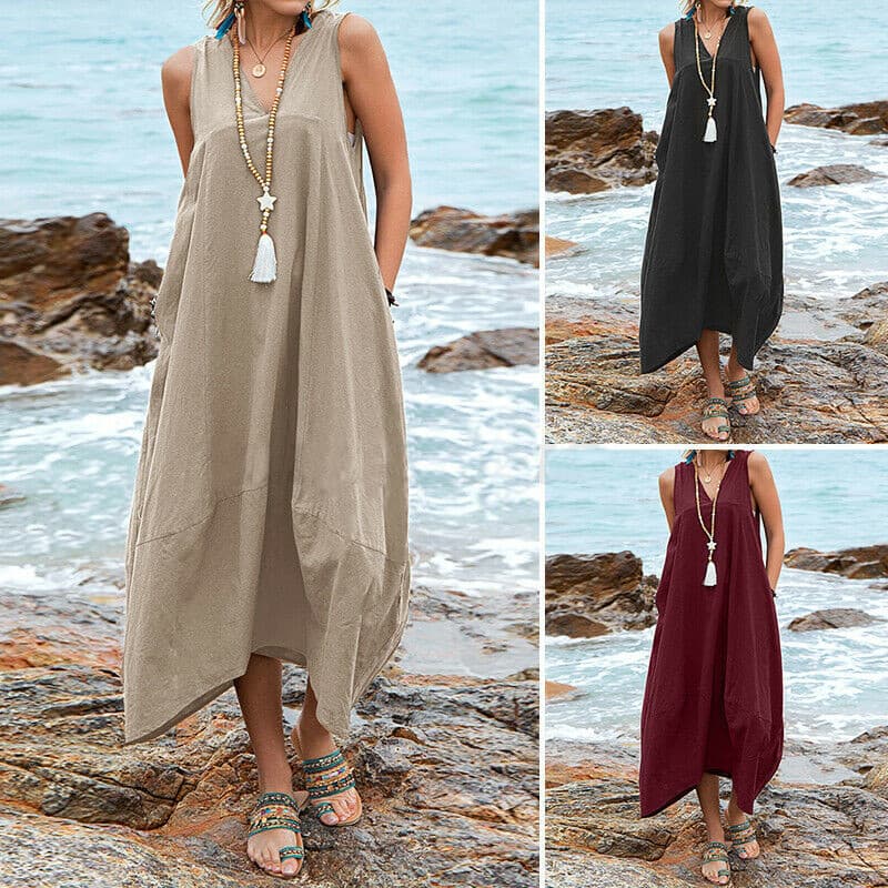 Vestido casual con cuello V y bolsillos en algodón y lino