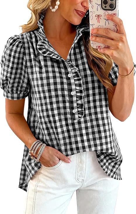 Blusa de verano con rayas y cuadros, mangas con volantes