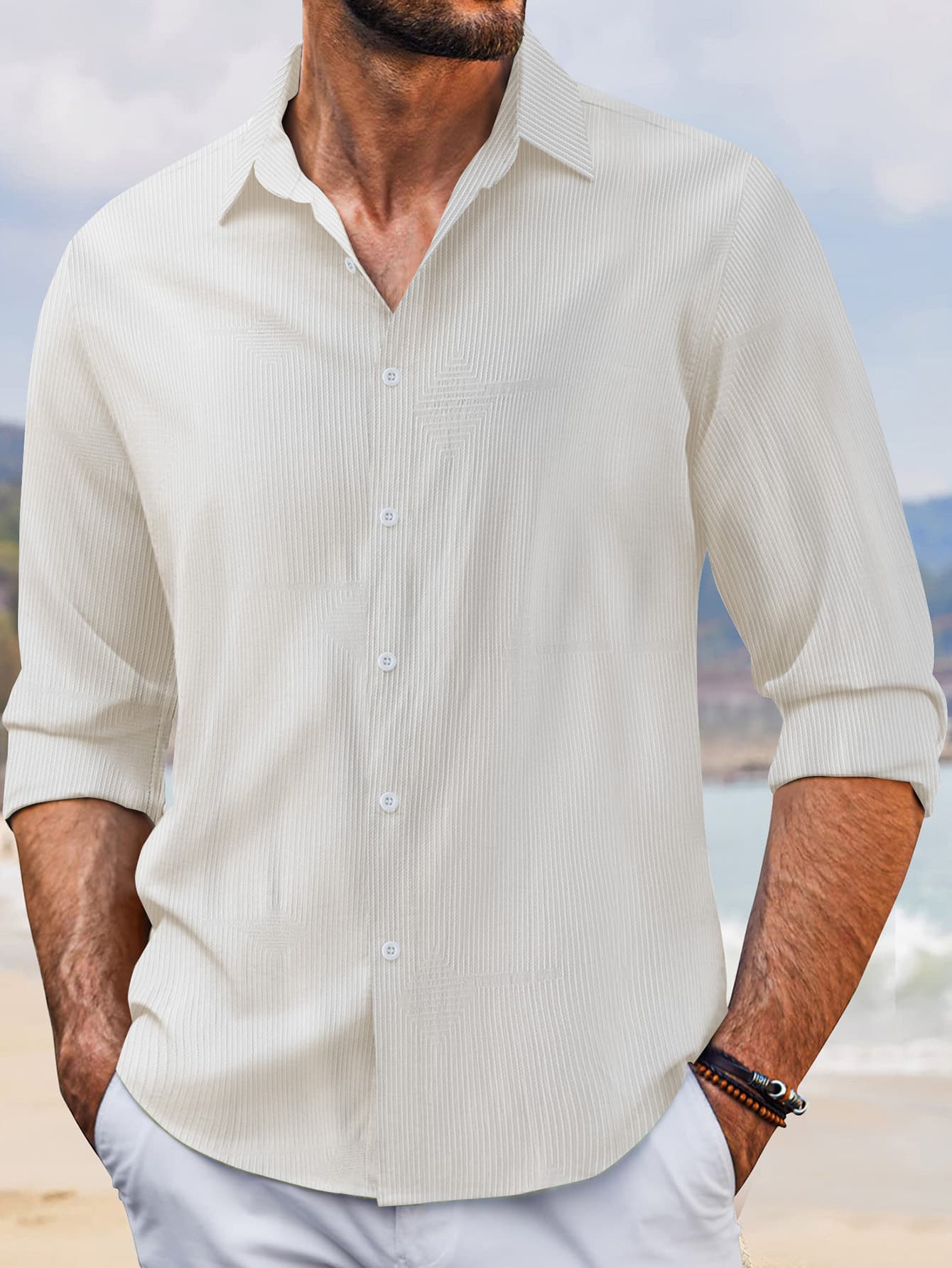 Camisa jacquard casual hombre solapa manga larga