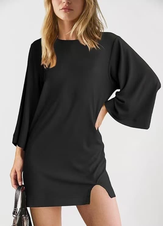 Vestido casual sólido con cuello redondo y mangas 3/4