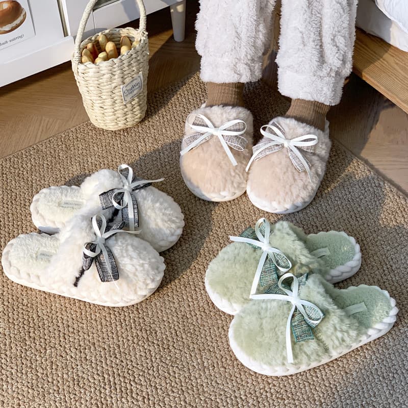 Pantuflas de invierno con moño y felpa para mujer