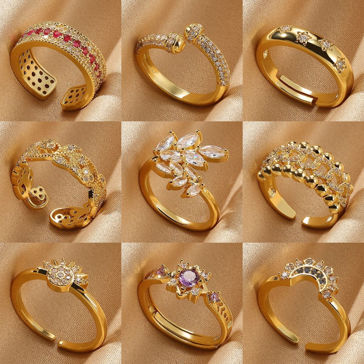 Anillo chapado en oro 18K con circonia y hoja