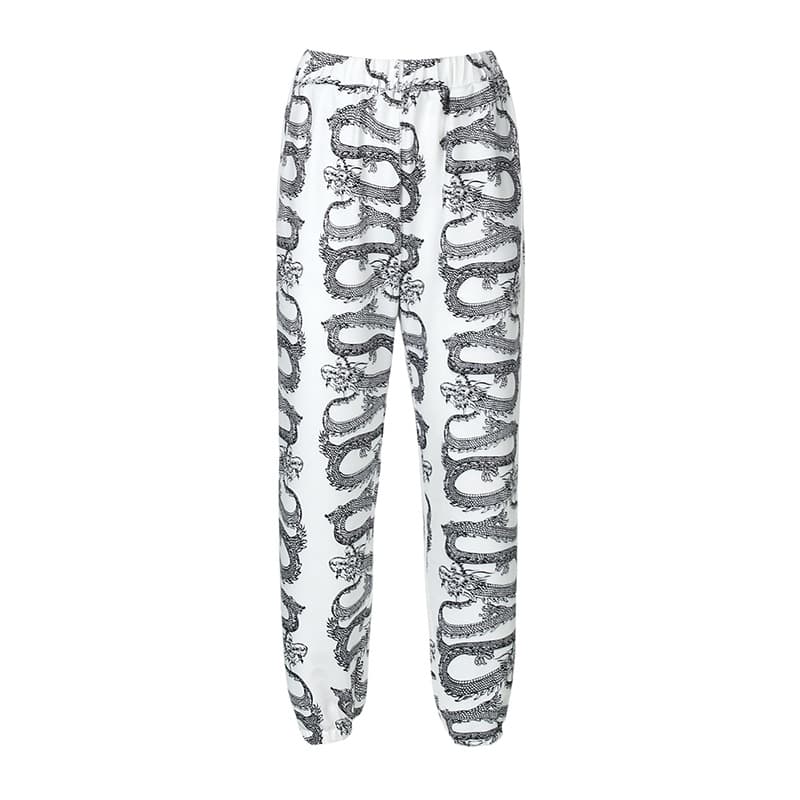 Pantalones harem de cintura alta con estampado de dragón tipo túnica