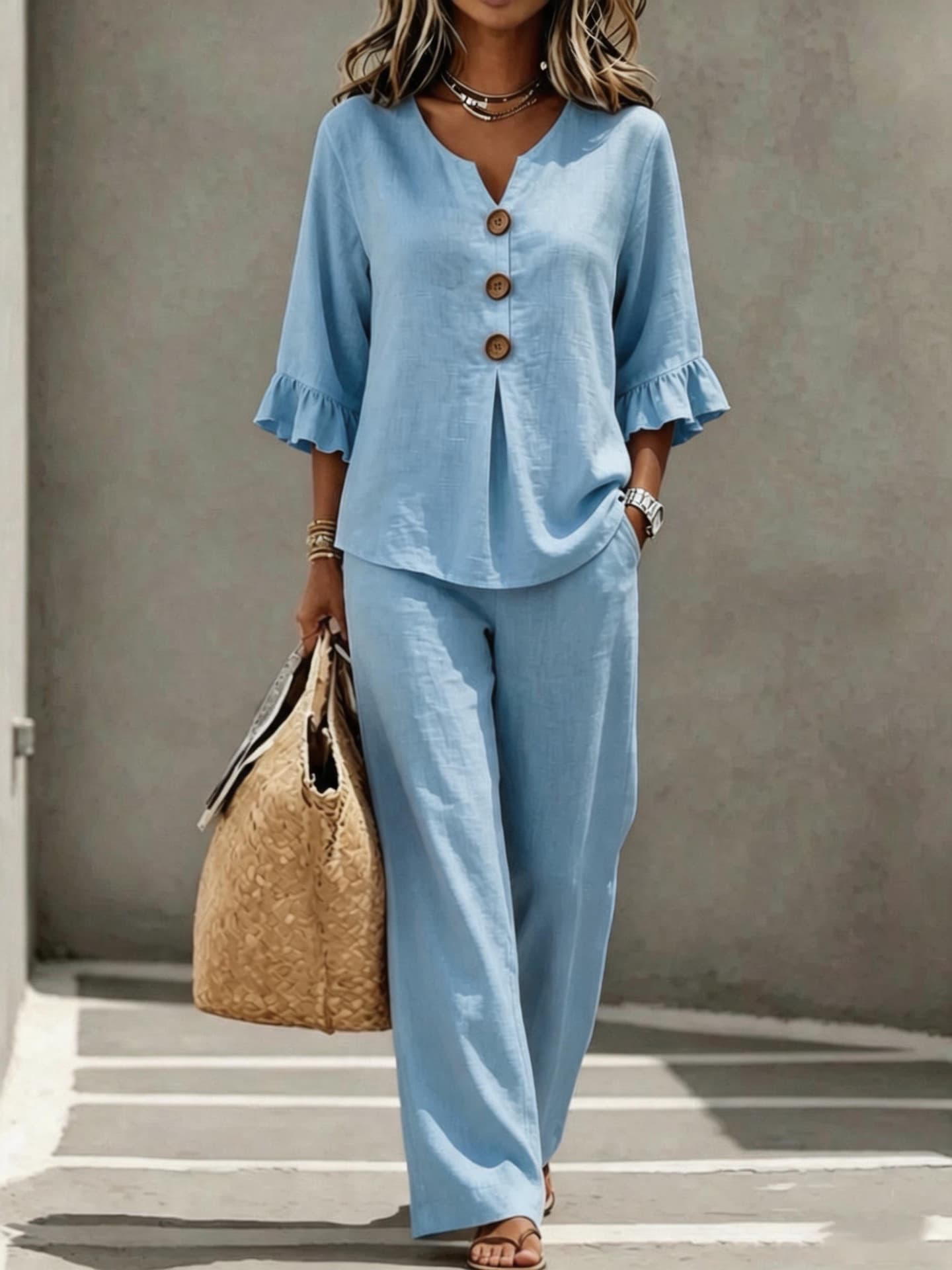 Conjunto mujer blusa escote V volantes manga tres cuartos