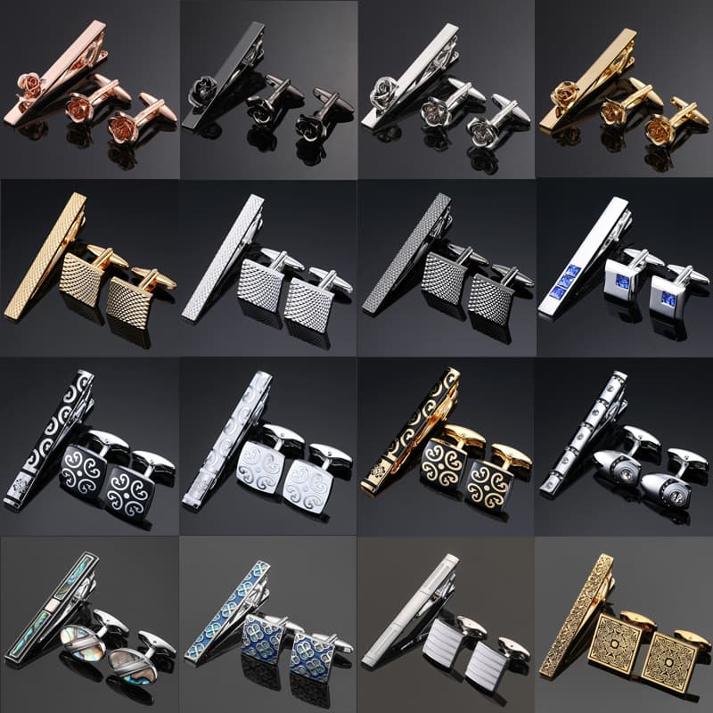 Juego de gemelos y clips para corbata con patrón floral chapado