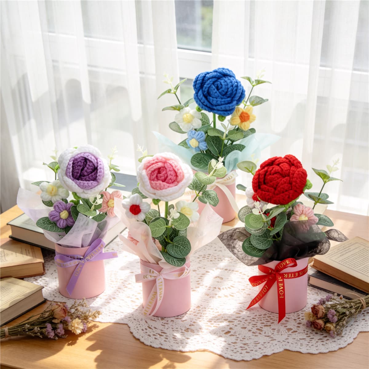 Ramo de flores crochet rosas multicolor y margaritas hecho a mano
