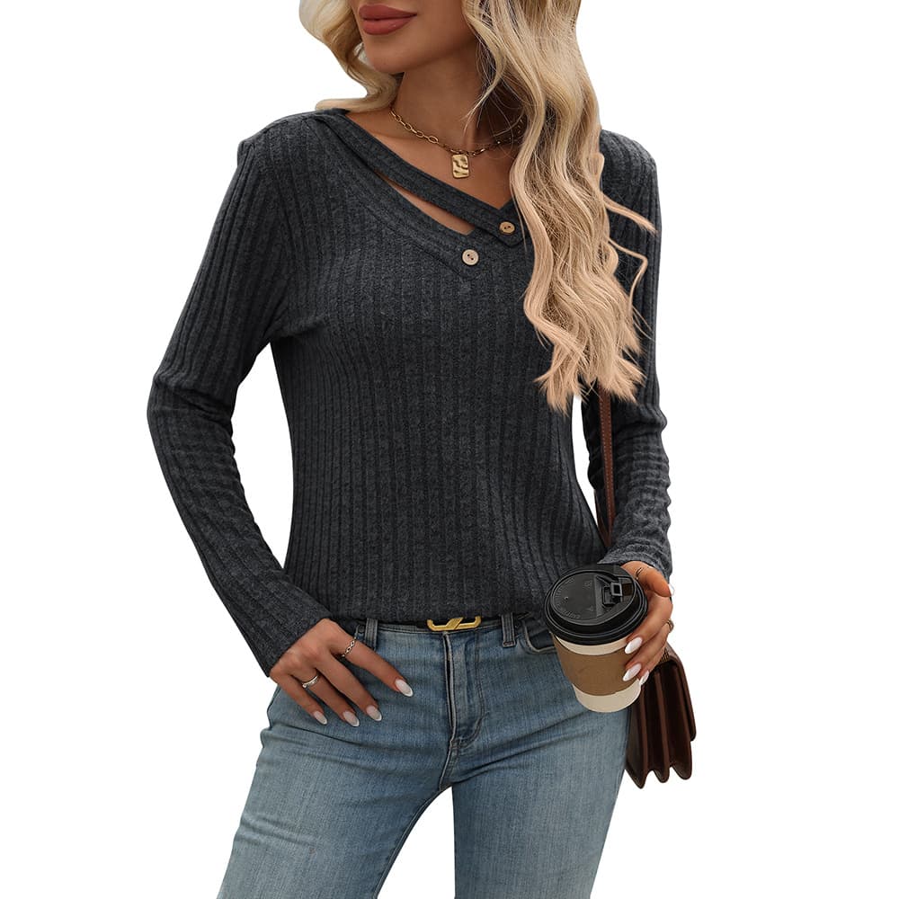 Camiseta suelta cuello en V con botones y rayas
