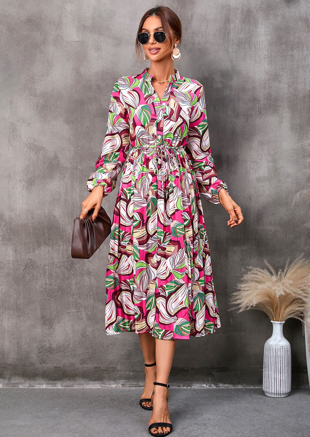 Vestido largo con estampado de hojas