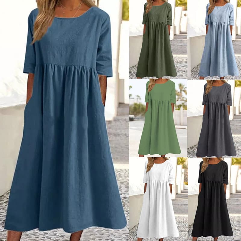 Vestido casual de manga corta con bolsillos