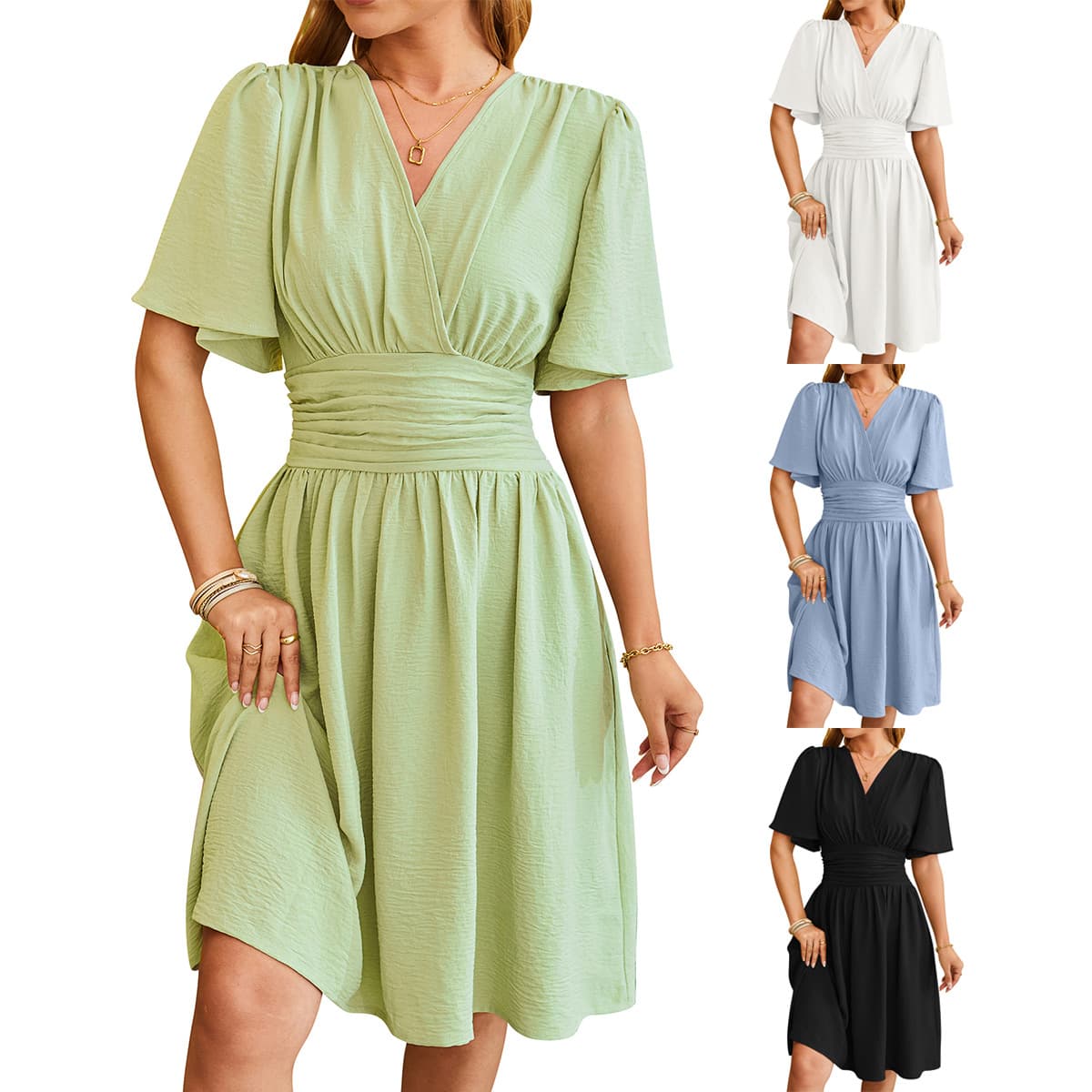 Vestido de escote V con mangas acampanadas
