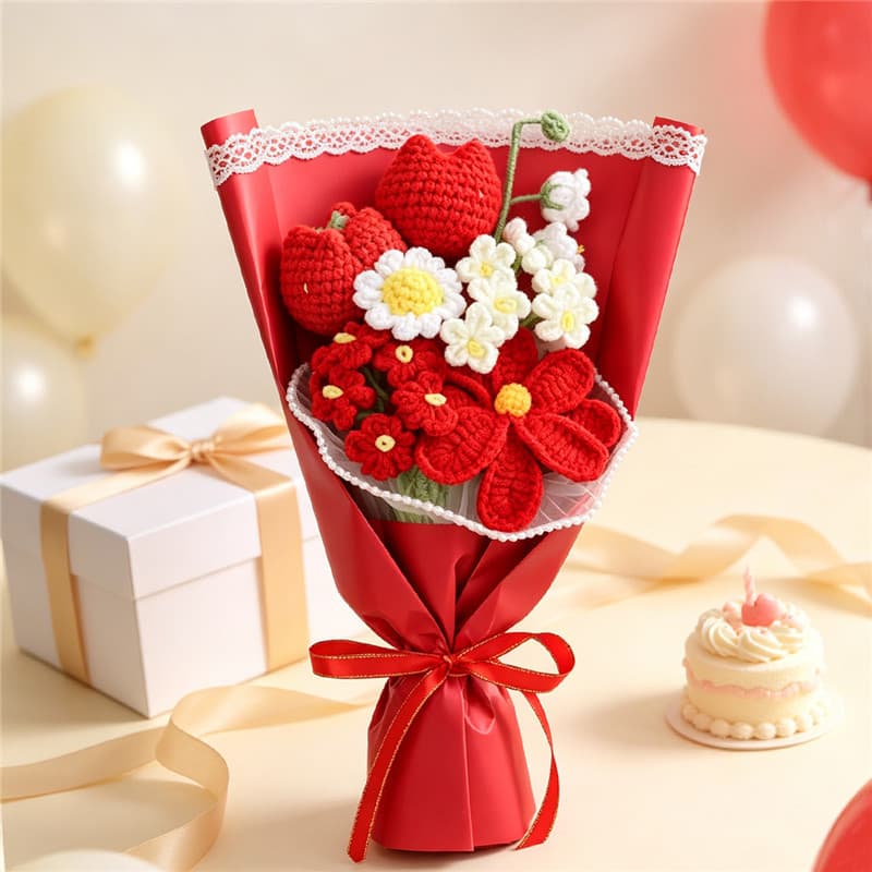 Ramo de flores tejidas a mano con tulipanes y margaritas