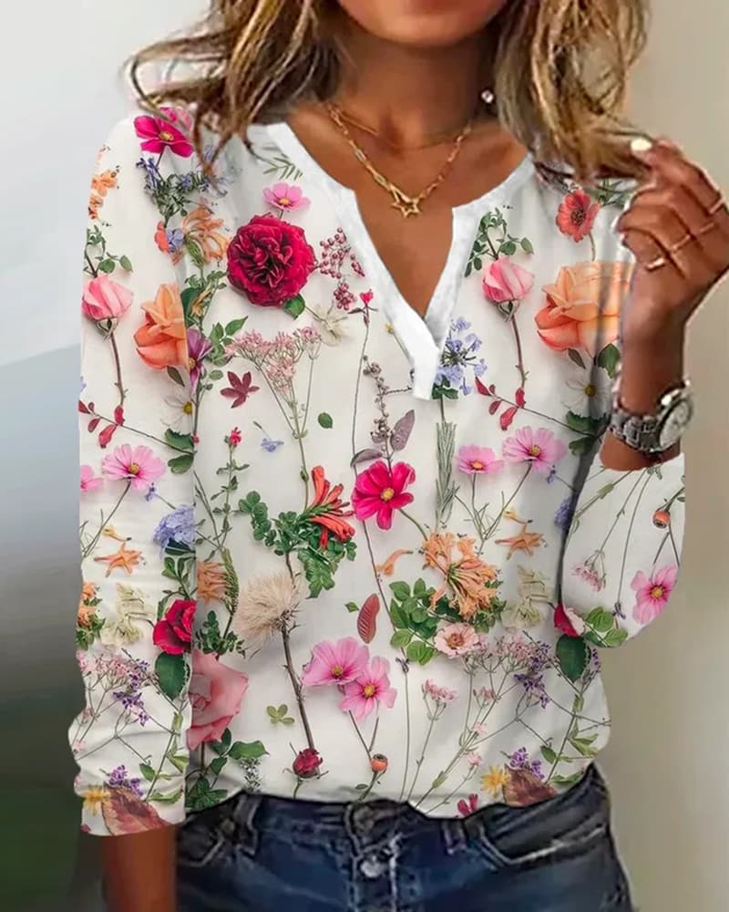 Camiseta estampada cuello en V manga larga