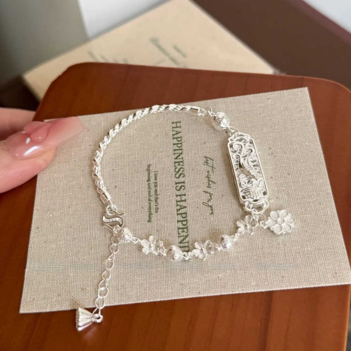 Pulsera de fénix y flor de plata hueca, estilo retro