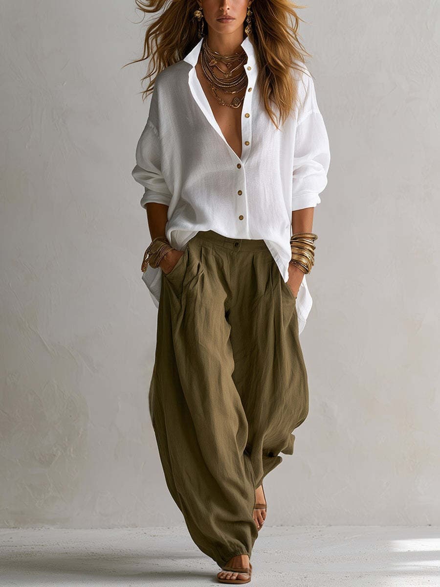 Conjunto de blusa y pantalón de manga larga con estilo relajado para mujer