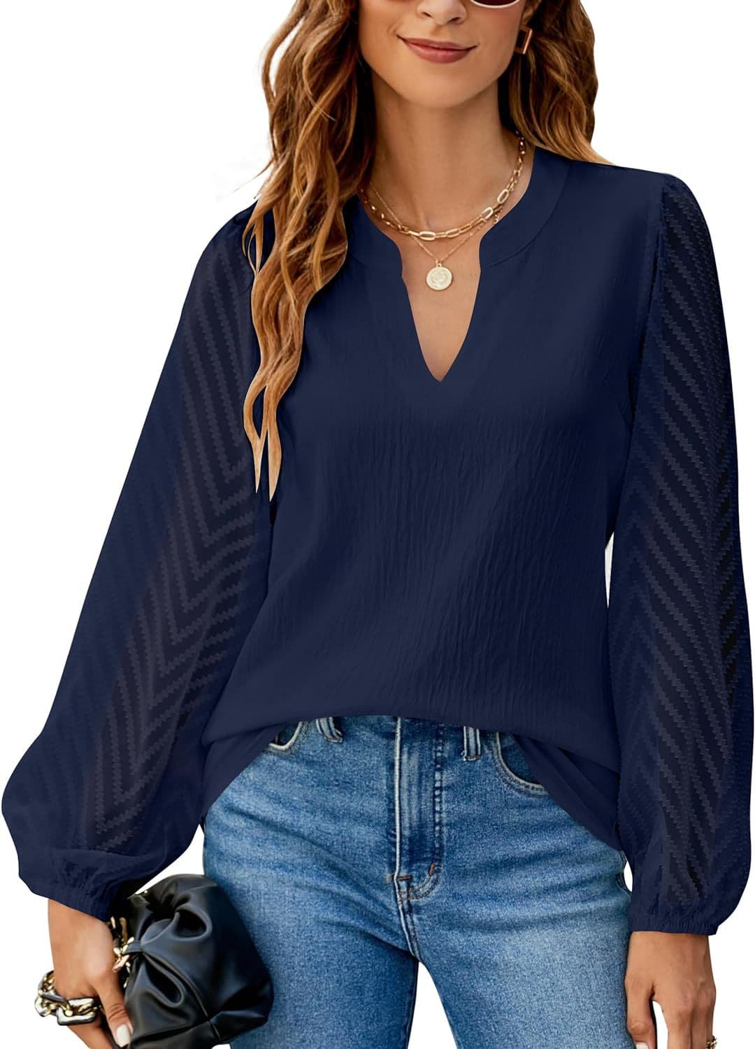 Blusa mujer cuello V con encaje y costura chifón