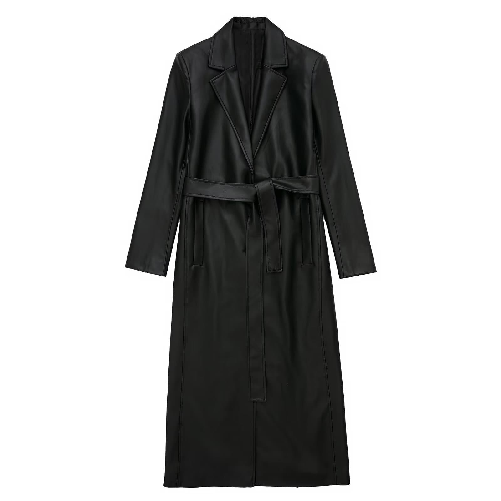 Abrigo de cuero con cintura ajustable para el otoño