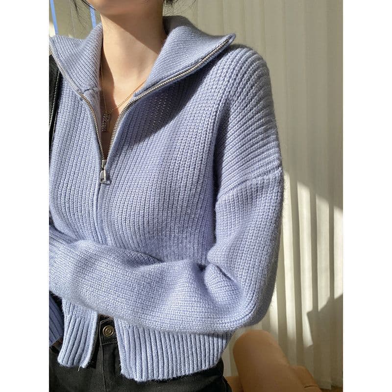 Cardigan corto de mujer estilo preppy con cierre de cremallera