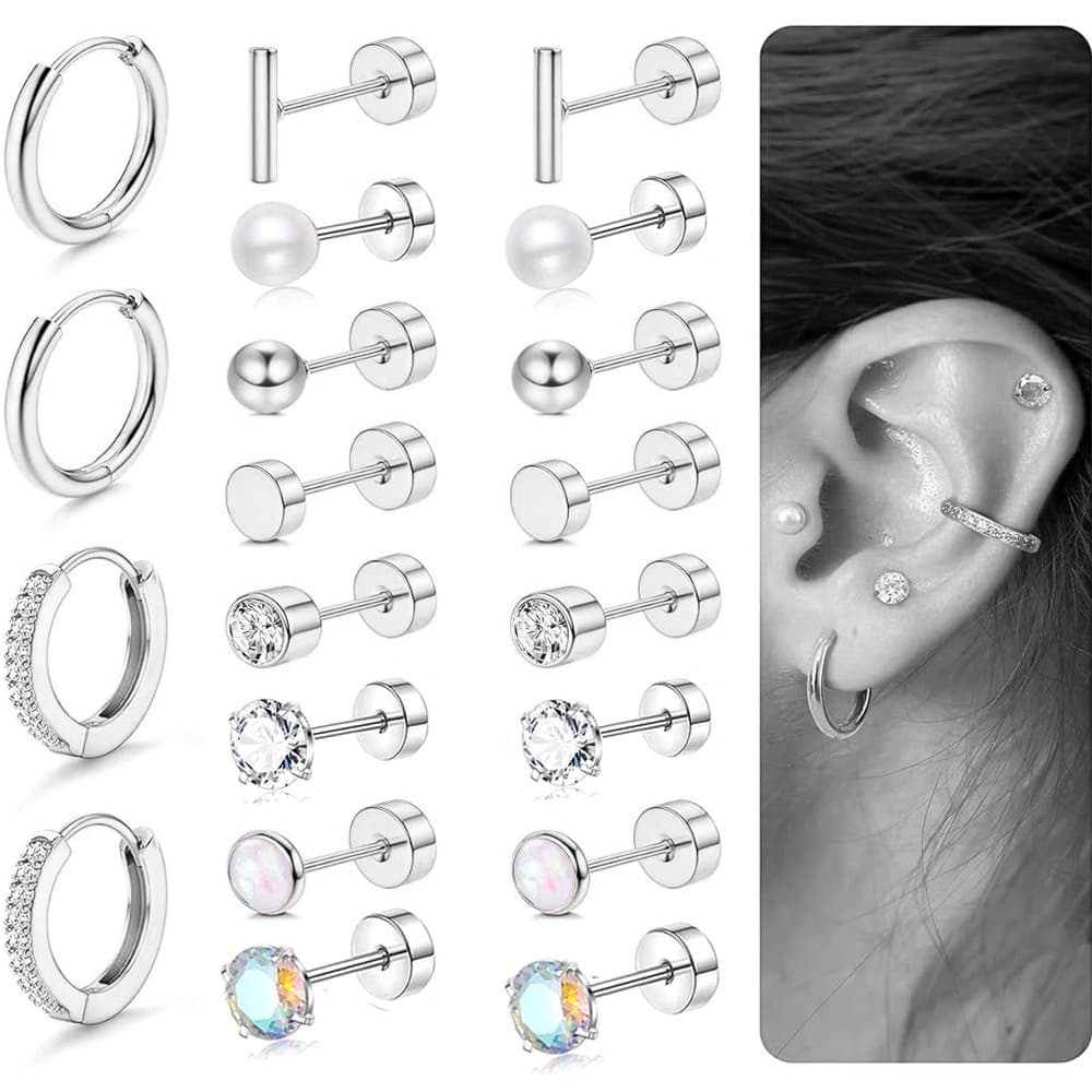 Set de aretes redondos de acero inoxidable con circones
