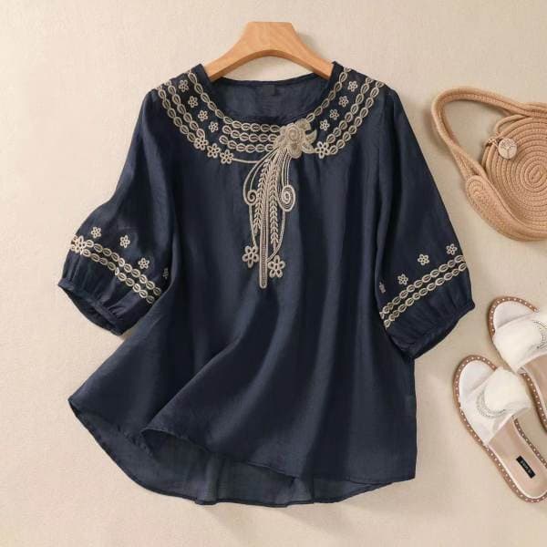 Blusa mujer vintage algodón y lino bordado