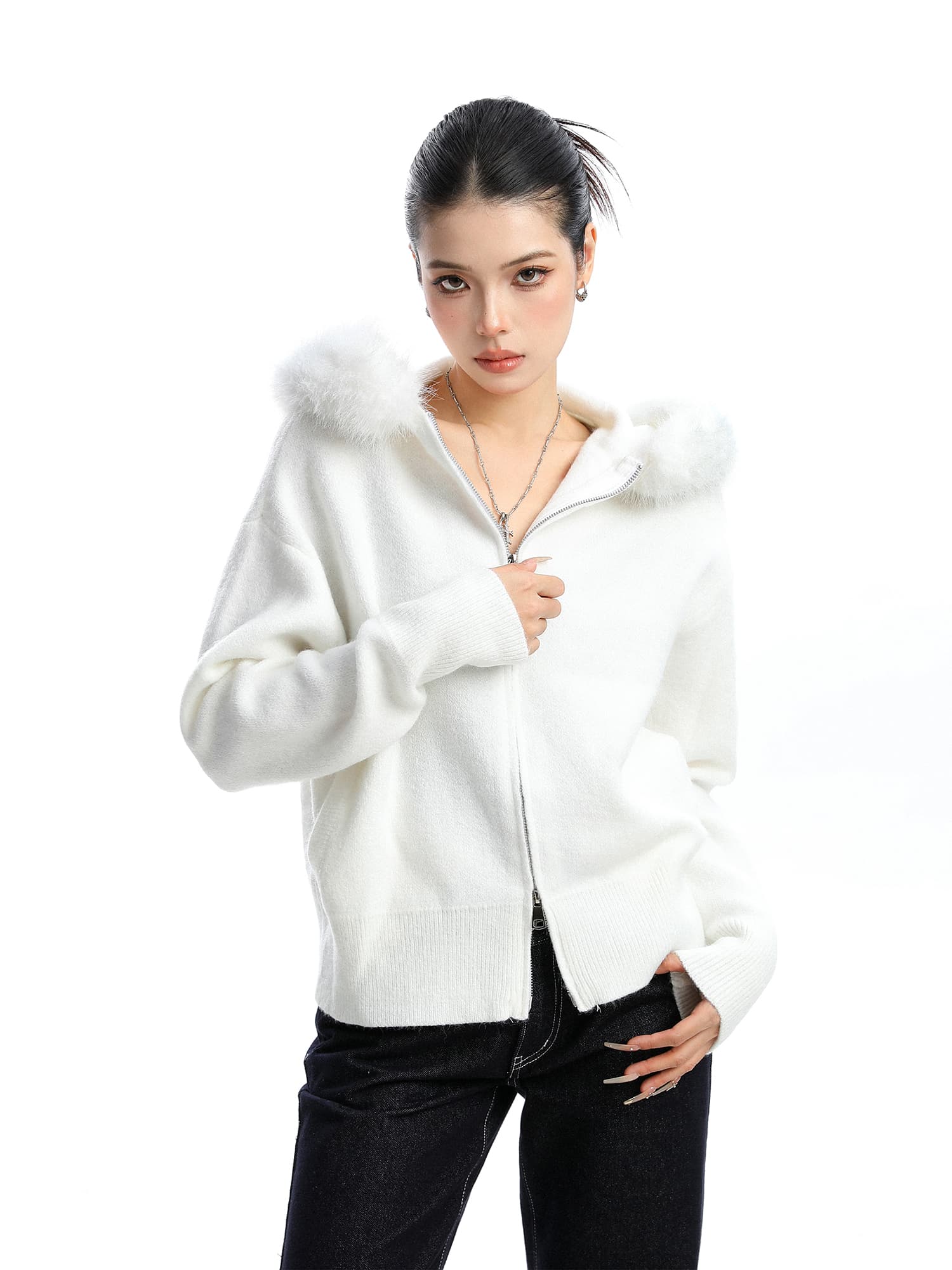 Cardigan con capucha y cuello de piel para mujer
