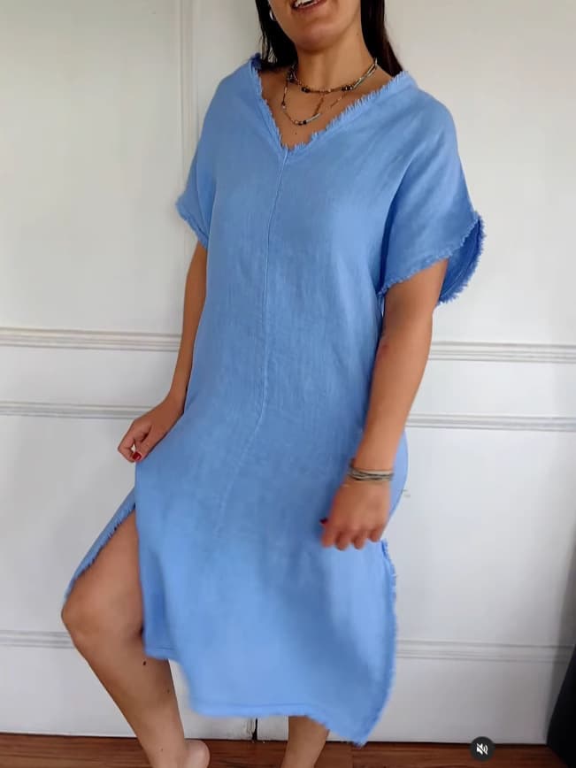 Vestido casual de algodón y lino con escote V y detalle de borla
