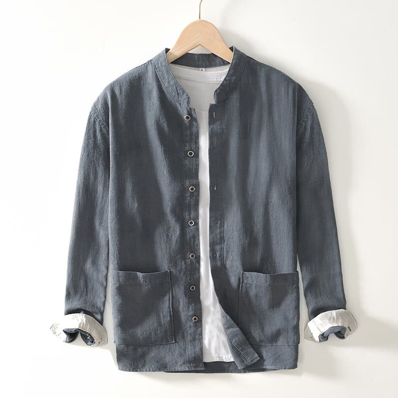 Camisa de lino con cuello de pie estilo chino y manga larga