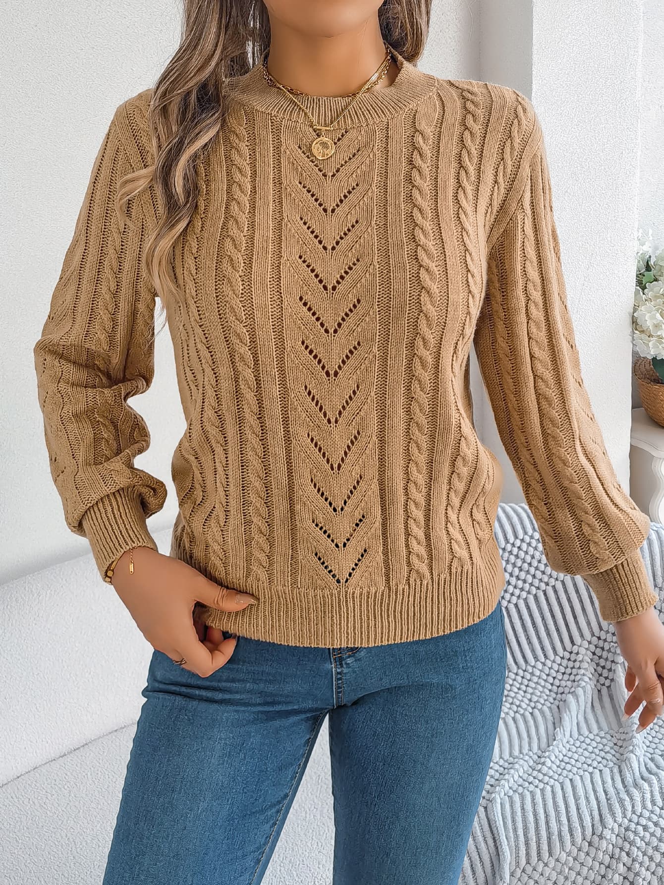 Jersey manga linterna con calados casual para mujer