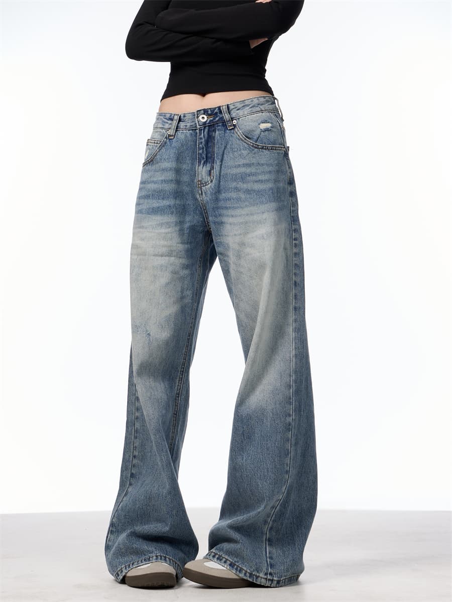 Pantalón de mezclilla retro desgastado, cintura alta para mujer