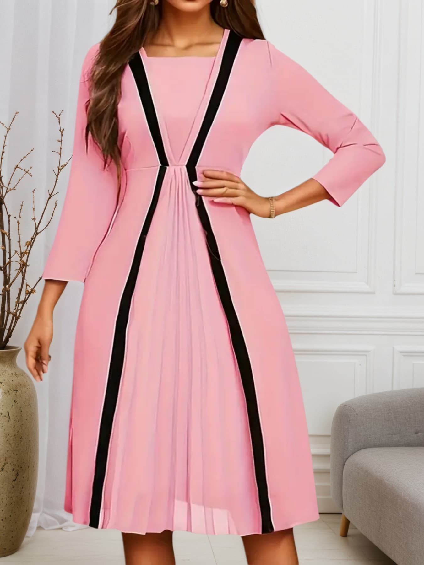 Vestido mujer 2025 bloques color escote tubo