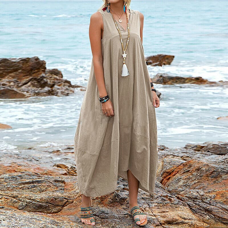 Vestido casual con cuello V y bolsillos en algodón y lino